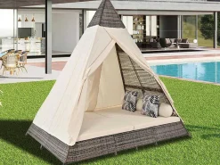Tuinbed - Rotan Tent Voor 2 Personen - Met Gordijn En Kussens - Grijs-ModernLuxe Sale