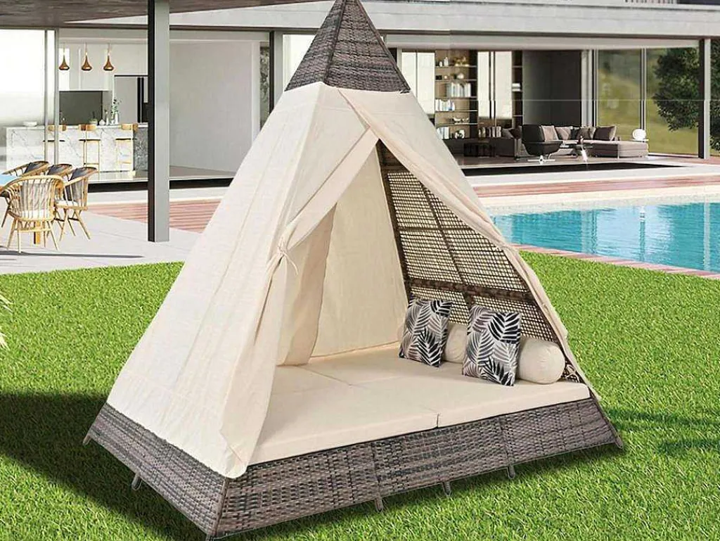 Tuinbed - Rotan Tent Voor 2 Personen - Met Gordijn En Kussens - Grijs-ModernLuxe Sale
