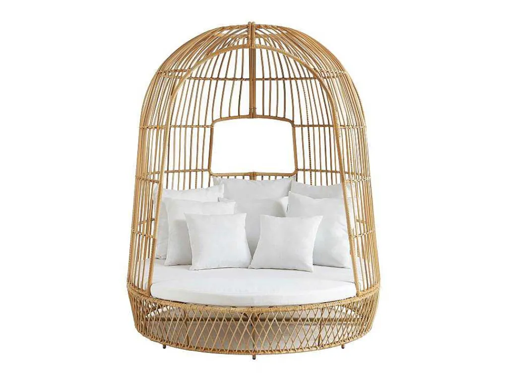 Tuinbed Met Baldakijn Van Gevlochten Hars - Licht Naturel Met Wit Kussen - Cervaro Van-MYLIA Outlet