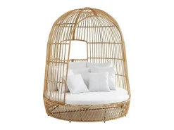 Tuinbed Met Baldakijn Van Gevlochten Hars - Licht Naturel Met Wit Kussen - Cervaro Van-MYLIA Outlet