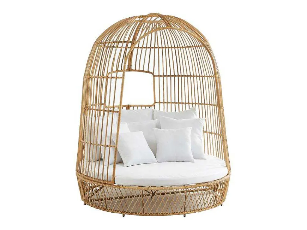 Tuinbed Met Baldakijn Van Gevlochten Hars - Licht Naturel Met Wit Kussen - Cervaro Van-MYLIA Outlet