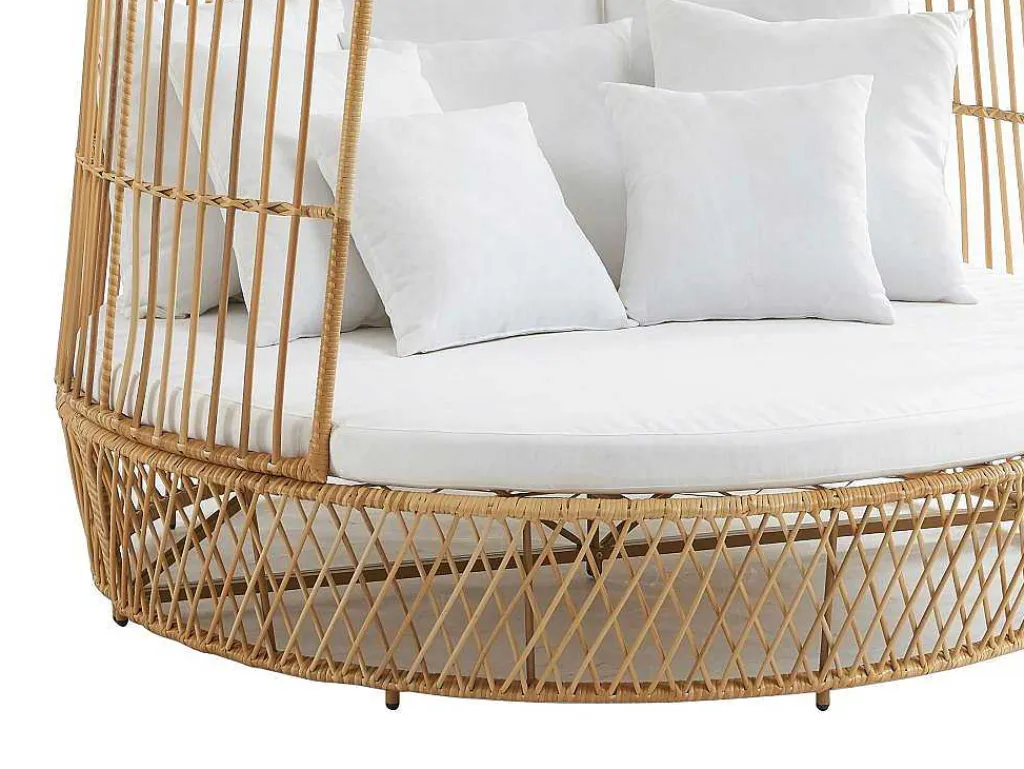 Tuinbed Met Baldakijn Van Gevlochten Hars - Licht Naturel Met Wit Kussen - Cervaro Van-MYLIA Outlet