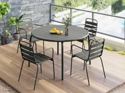 Tuineethoek Van Metaal - Een Tafel D110 Cm En 4 Opstapelbare Fauteuils - Donkergrijs - Mirmande-MYLIA Online