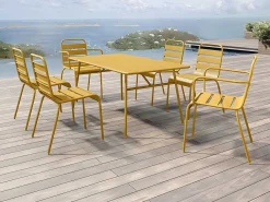 Tuineethoek Van Metaal - Een Tafel D160 Cm Met 2 Opstapelbare Fauteuils En 4 Opstapelbare Stoelen - Mosterdgeel - Mirmande Van-MYLIA Outlet