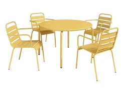 Tuineethoek Van Metaal - Een Tafel D110 Cm En 4 Opstapelbare Stoelen - Mosterdgeel - Mirmande Van-MYLIA Online