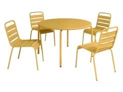 Tuineethoek Van Metaal - Een Tafel D110 Cm En 4 Opstapelbare Stoelen - Mosterdgeel - Mirmande Van-MYLIA New