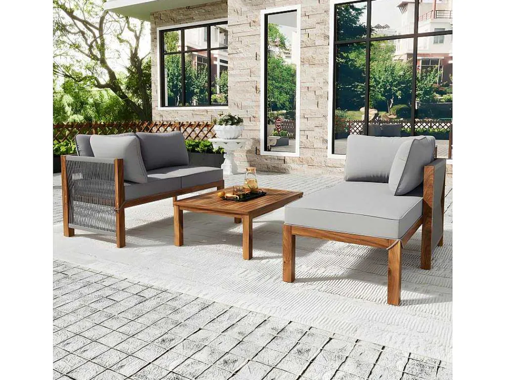 Tuinmeubelen In Acaciahout En Grijs Touw - 2 Zitbanken En 1 Salontafel - Verstelbare Poten - Grijs & Naturel-ModernLuxe Hot