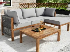 Tuinmeubelen In Acaciahout En Grijs Touw - 2 Zitbanken En 1 Salontafel - Verstelbare Poten - Grijs & Naturel-ModernLuxe Hot