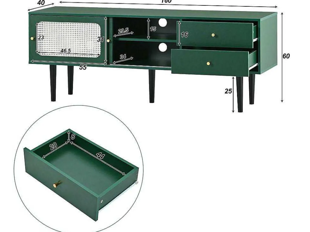 Tv-Meubel 160 Cm - 2 Rotan Schuifdeuren En 2 Lades - Groen-ModernLuxe New