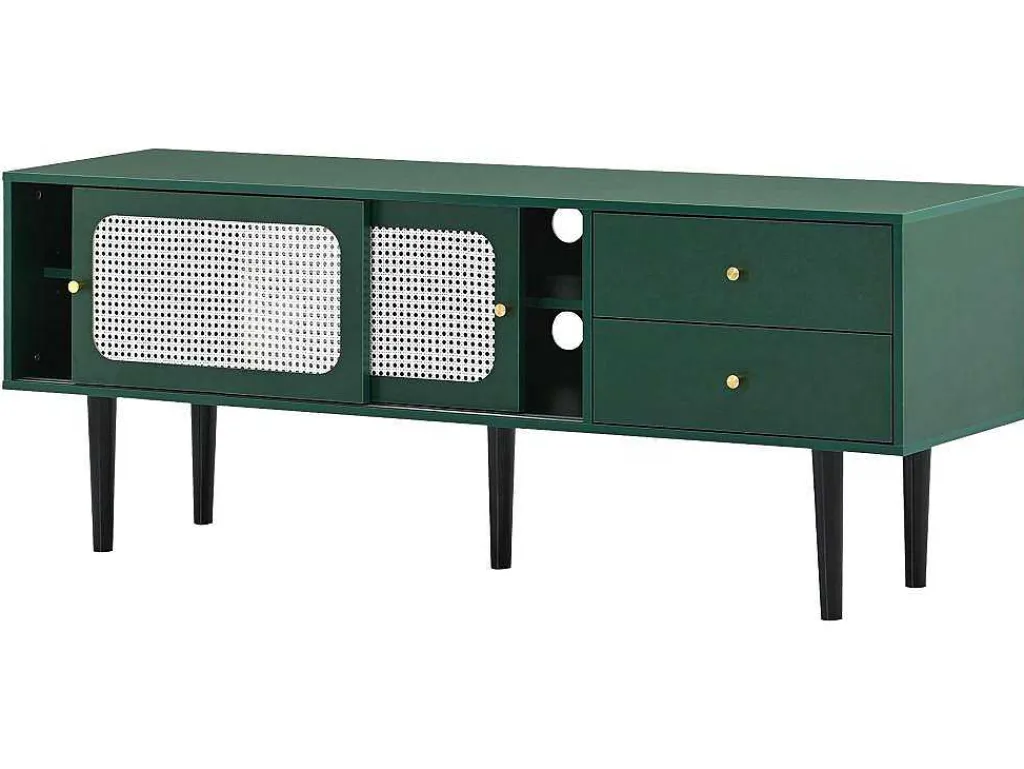 Tv-Meubel 160 Cm - 2 Rotan Schuifdeuren En 2 Lades - Groen-ModernLuxe New