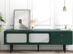 Tv-Meubel 160 Cm - 2 Rotan Schuifdeuren En 2 Lades - Groen-ModernLuxe New