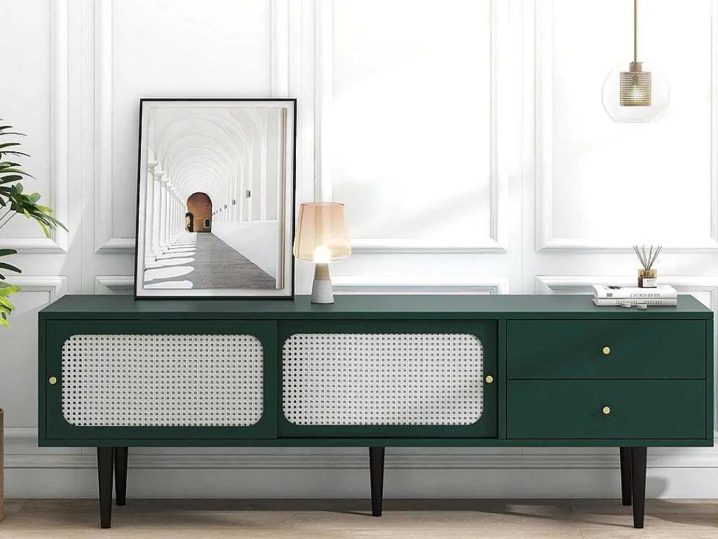 Tv-Meubel 160 Cm - 2 Rotan Schuifdeuren En 2 Lades - Groen-ModernLuxe New