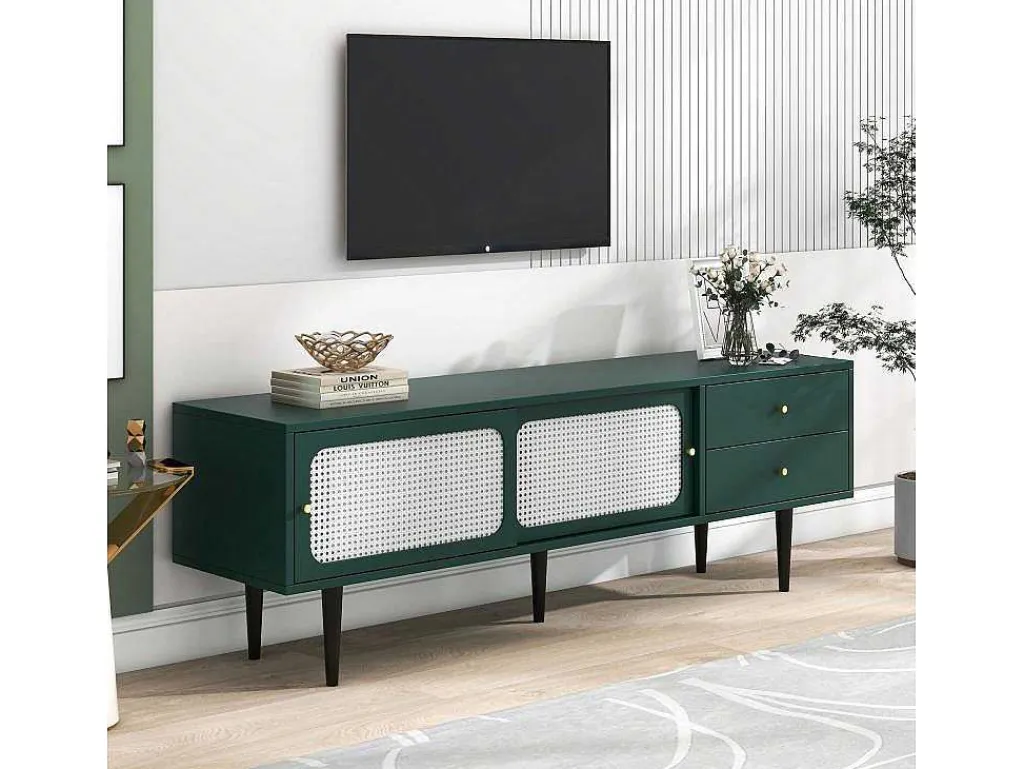 Tv-Meubel 160 Cm - 2 Rotan Schuifdeuren En 2 Lades - Groen-ModernLuxe New