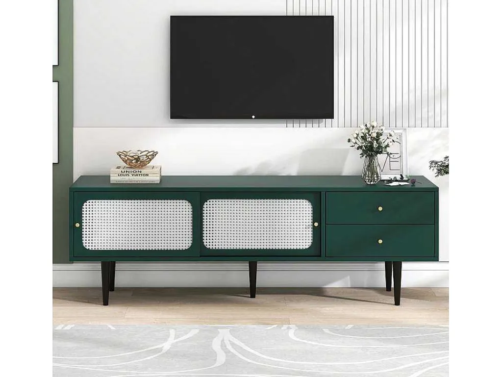 Tv-Meubel 160 Cm - 2 Rotan Schuifdeuren En 2 Lades - Groen-ModernLuxe New