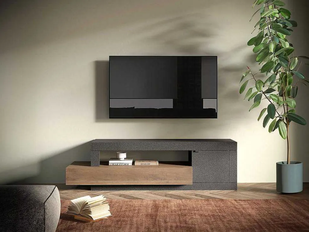 Tv-Meubel Met 1 Deur, 1 Lade En 1 Vak - Donker Natuurlijk En Antraciet - Ruselo-Vente-unique New
