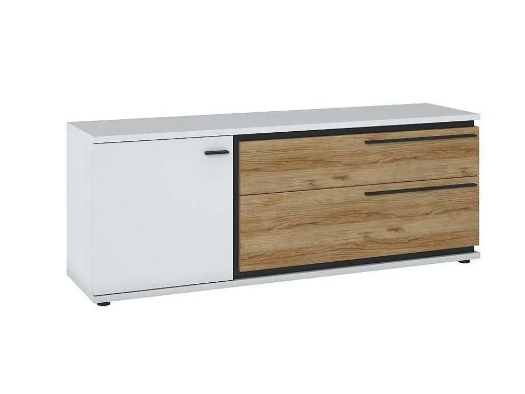 Tv-Meubel Met 1 Deur En 2 Laden - Naturel En Wit - Nisuka-Vente-unique Outlet