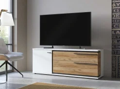 Tv-Meubel Met 1 Deur En 2 Laden - Naturel En Wit - Nisuka-Vente-unique Outlet