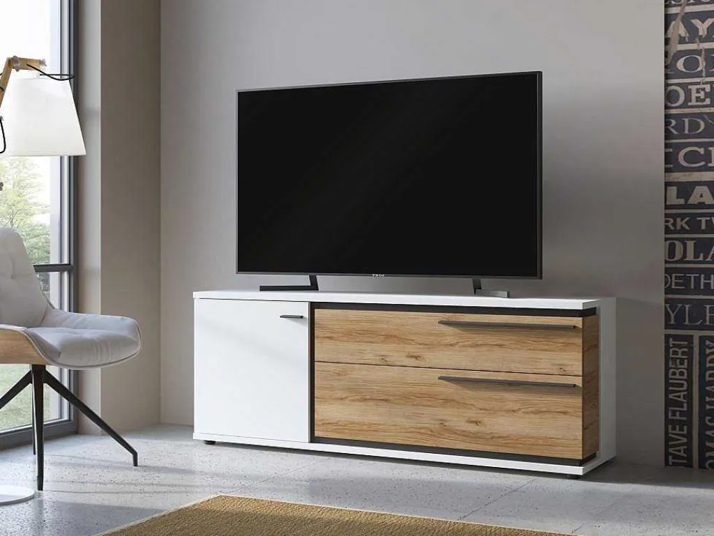 Tv-Meubel Met 1 Deur En 2 Laden - Naturel En Wit - Nisuka-Vente-unique Outlet