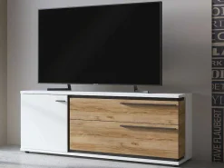 Tv-Meubel Met 1 Deur En 2 Laden - Naturel En Wit - Nisuka-Vente-unique Outlet