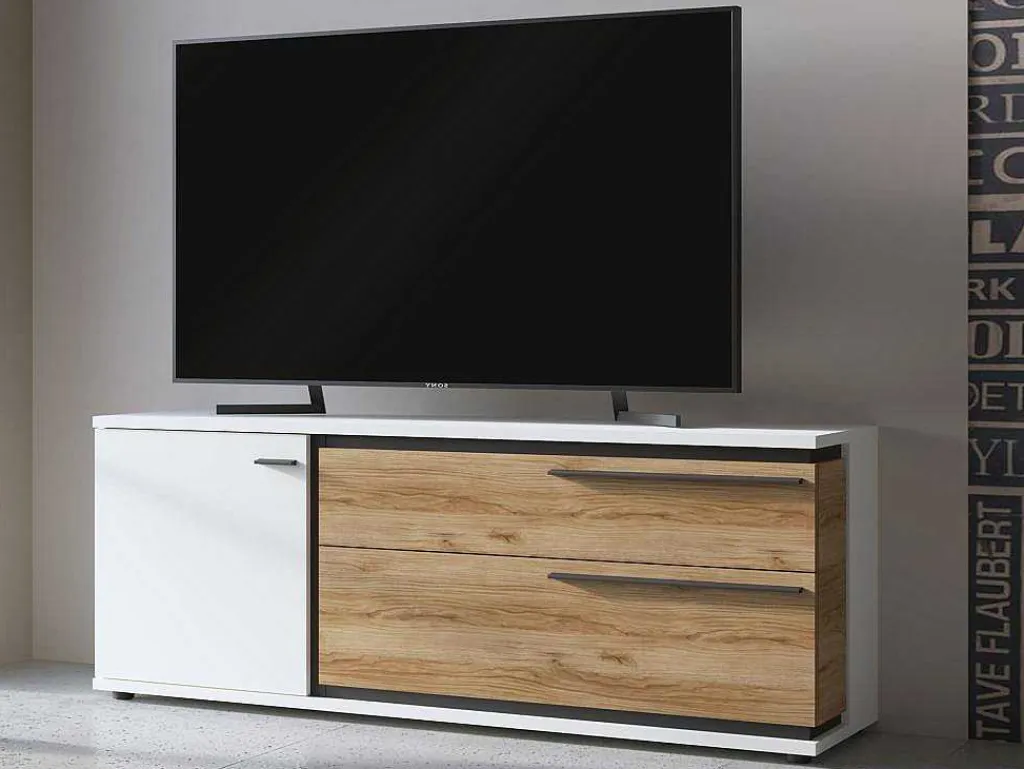 Tv-Meubel Met 1 Deur En 2 Laden - Naturel En Wit - Nisuka-Vente-unique Outlet