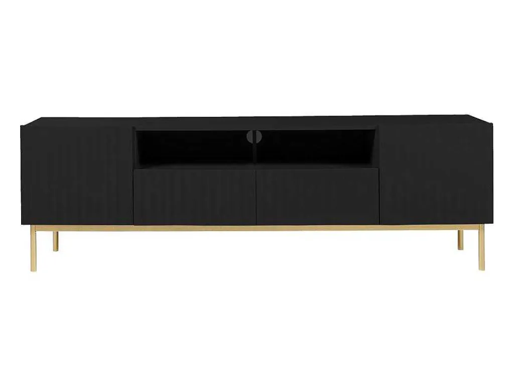 Tv-Meubel Met 2 Deuren, 2 Laden En 2 Nissen Van Mdf En Staal - Zwart En Goudkleurig - Evilana-Vente-unique Hot