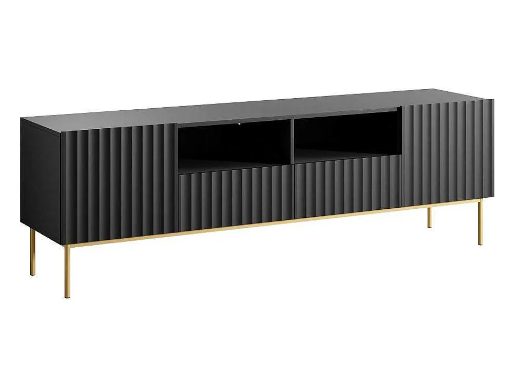 Tv-Meubel Met 2 Deuren, 2 Laden En 2 Nissen Van Mdf En Staal - Zwart En Goudkleurig - Evilana-Vente-unique Hot