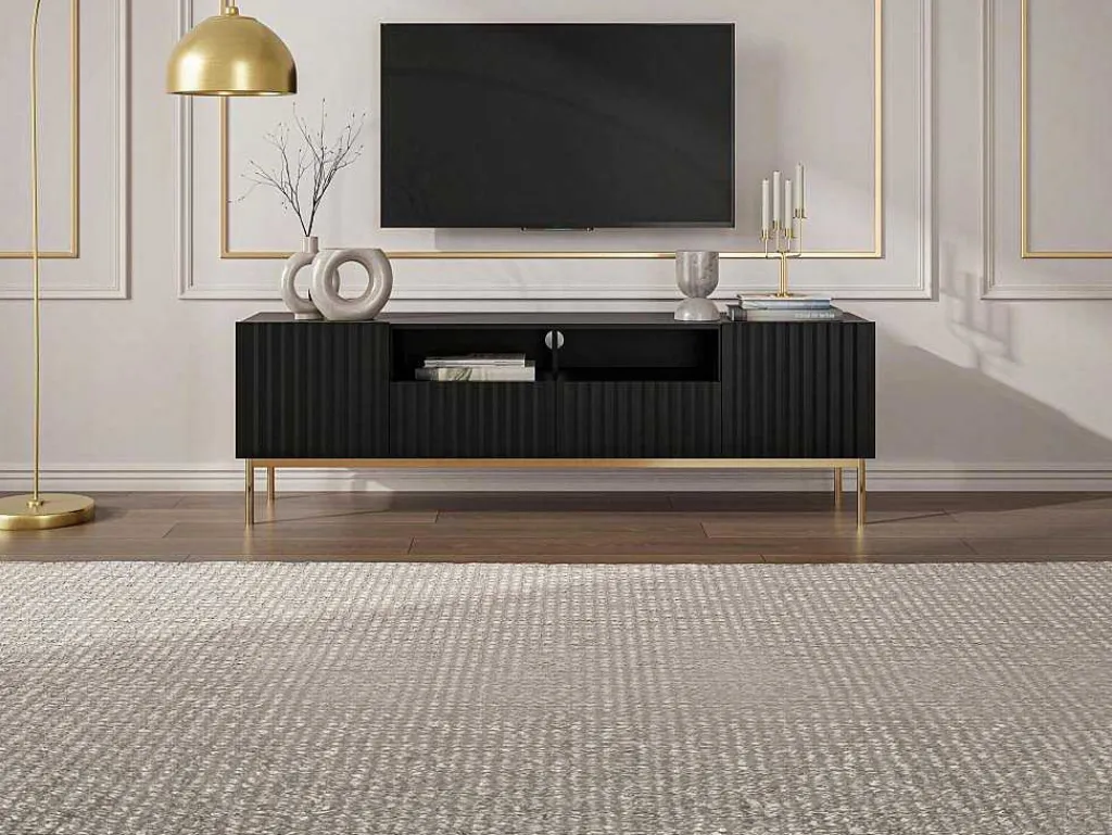 Tv-Meubel Met 2 Deuren, 2 Laden En 2 Nissen Van Mdf En Staal - Zwart En Goudkleurig - Evilana-Vente-unique Hot