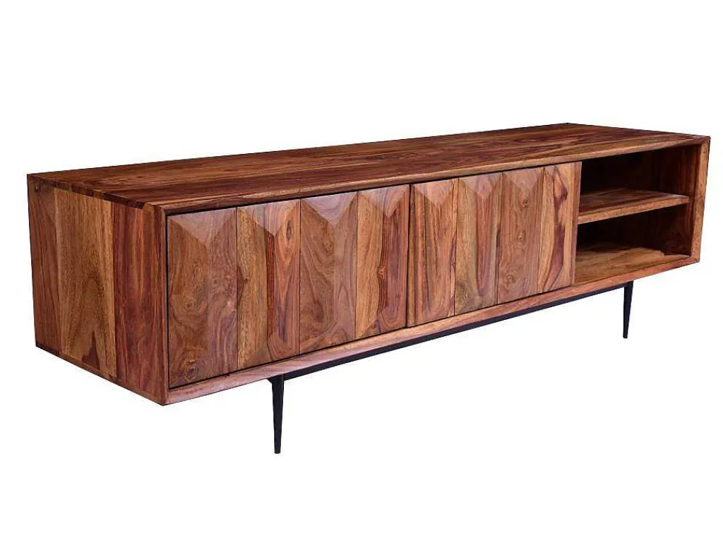 Tv-Meubel Met 2 Deuren En 2 Niche - Sheesham Hout En Metaal - Kleur: Natuurlijk - Zelicina-Vente-unique Outlet