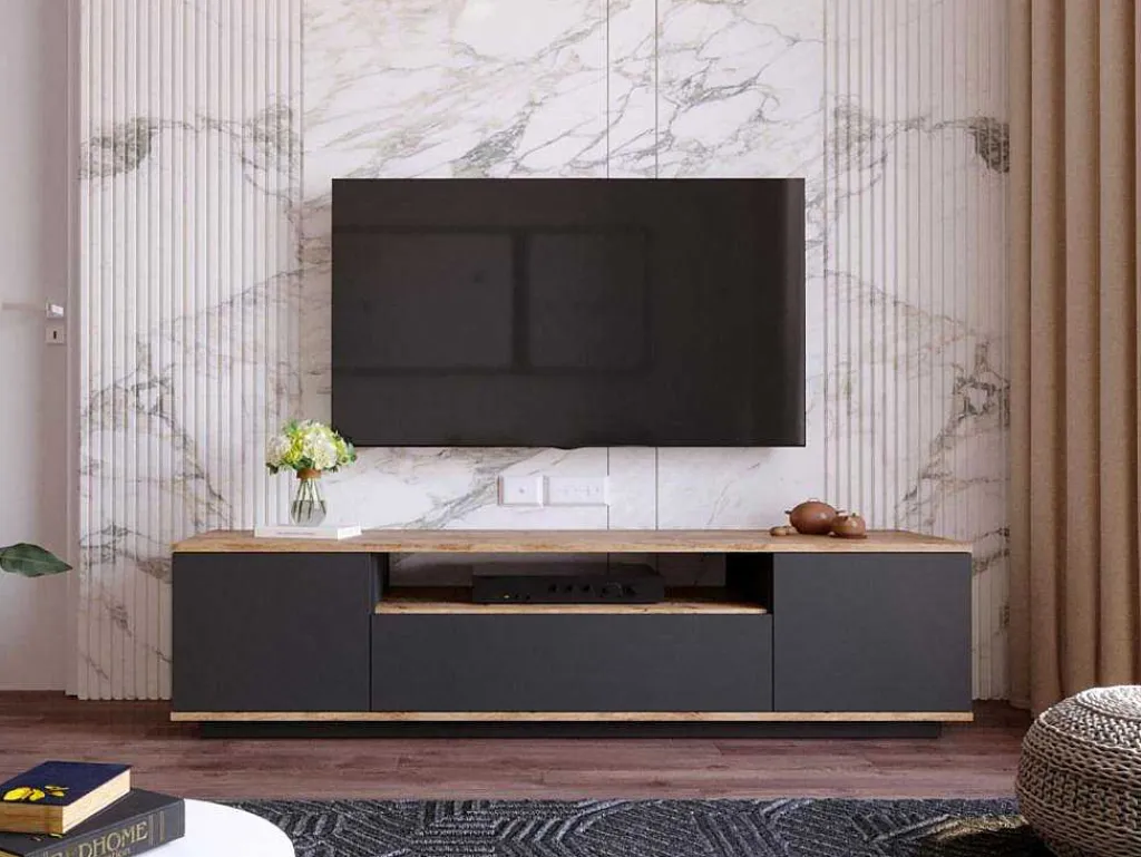 Tv-Meubel Met 3 Deuren En 1 Nis - Antraciet En Naturel - Lotula-Vente-unique Clearance