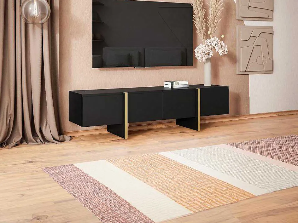 Tv-Meubel Met 4 Deuren Van Mdf - Zwart En Goud - Luvonia-Vente-unique Sale