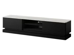 Tv-Meubel Met 2 Lades En 2 Nissen Met Ledverlichting Van Mdf - Zwart Met Wit Marmereffect - Devika - Van-PASCAL MORABITO