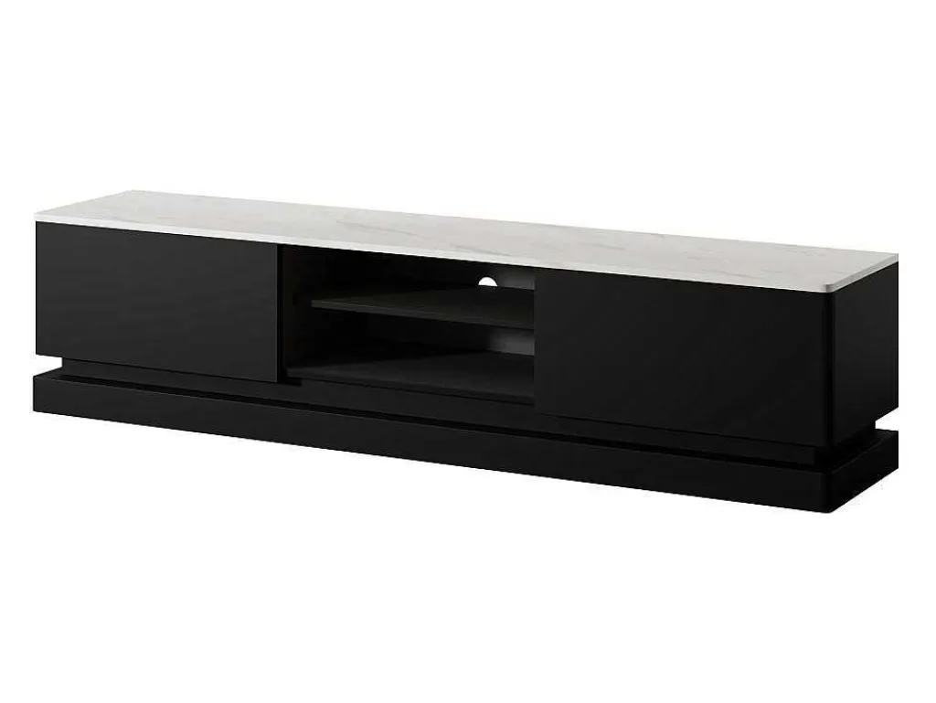 Tv-Meubel Met 2 Lades En 2 Nissen Met Ledverlichting Van Mdf - Zwart Met Wit Marmereffect - Devika - Van-PASCAL MORABITO