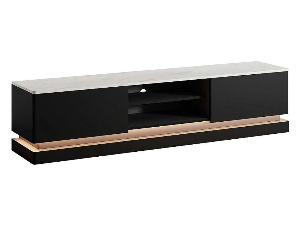 Tv-Meubel Met 2 Lades En 2 Nissen Met Ledverlichting Van Mdf - Zwart Met Wit Marmereffect - Devika - Van-PASCAL MORABITO