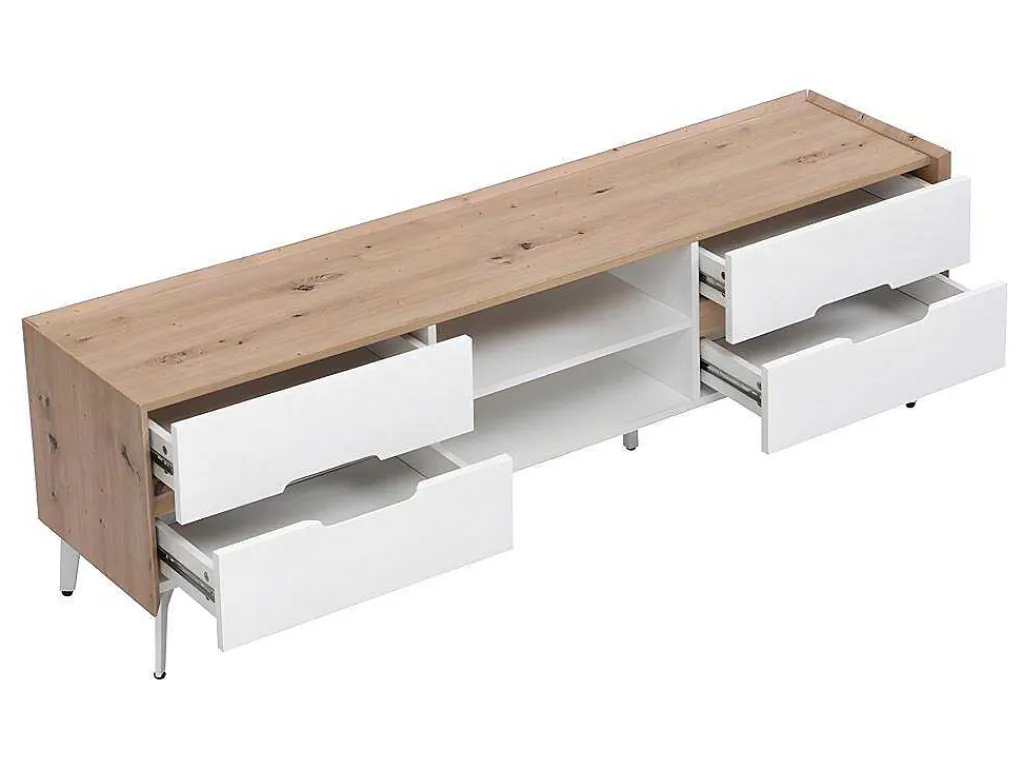 Tv-Meubel Met 4 Lades En 2 Nissen - Mdf & Metaal - Witgelakt & Naturelkleur - Cayana-Vente-unique Clearance
