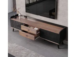Tv-Meubel Met 2 Lades En 2 Schuifdeuren - Moderne Stijl - Kleuren: Zwart En Naturel-Vente-unique Online