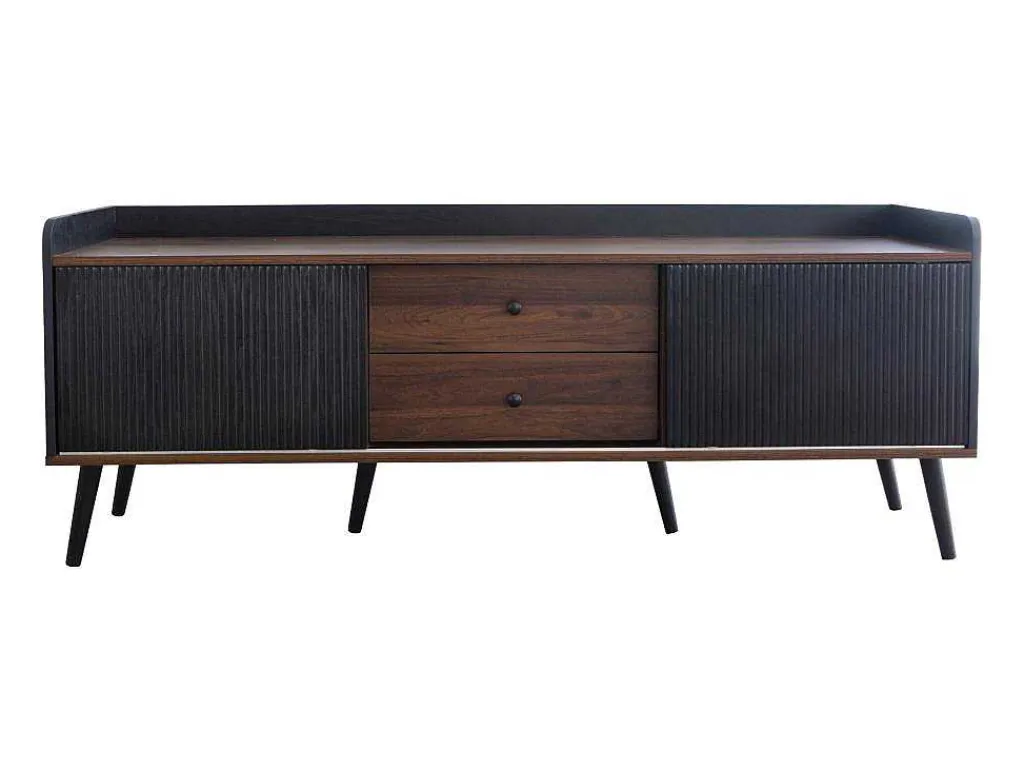 Tv-Meubel Met 2 Lades En 2 Schuifdeuren - Moderne Stijl - Kleuren: Zwart En Naturel-Vente-unique Online
