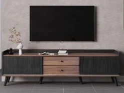 Tv-Meubel Met 2 Lades En 2 Schuifdeuren - Moderne Stijl - Kleuren: Zwart En Naturel-Vente-unique Online
