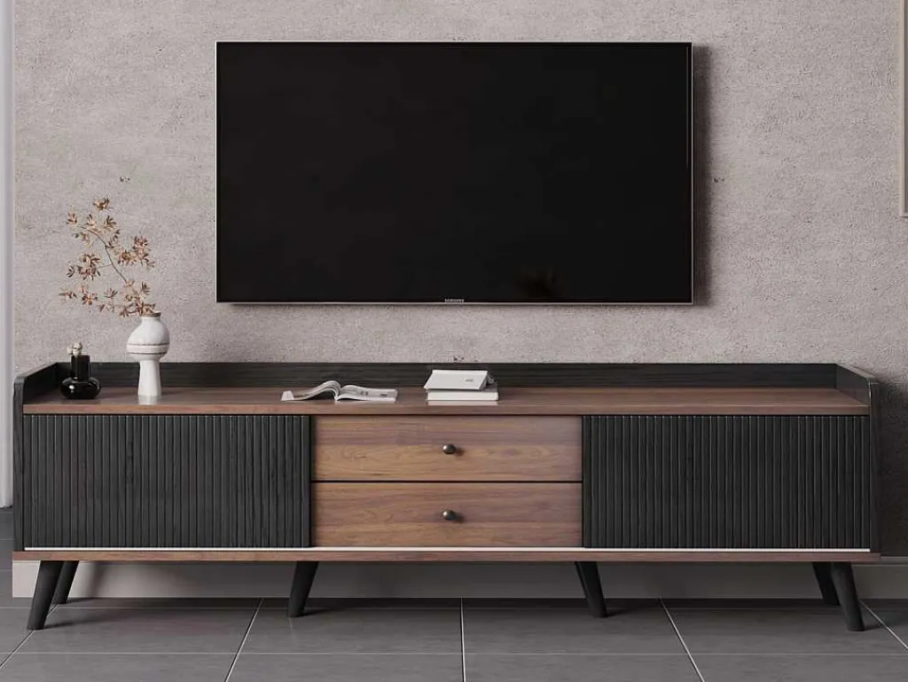 Tv-Meubel Met 2 Lades En 2 Schuifdeuren - Moderne Stijl - Kleuren: Zwart En Naturel-Vente-unique Online