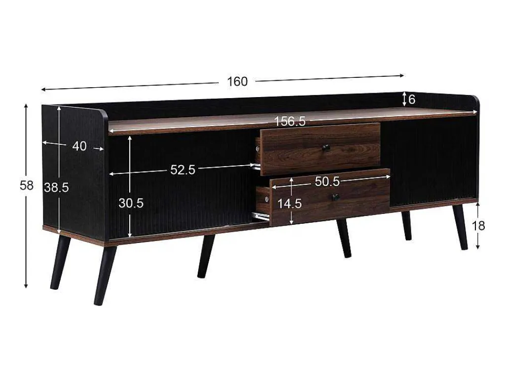 Tv-Meubel Met 2 Lades En 2 Schuifdeuren - Moderne Stijl - Kleuren: Zwart En Naturel-Vente-unique Online