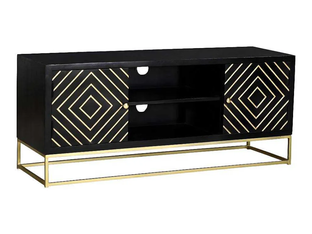 Tv-Meubel Prismin - 2 Deuren En 2 Laden - Mango En Metaal - Zwart-Vente-unique Best