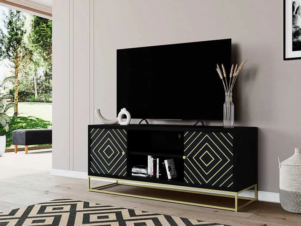 Tv-Meubel Prismin - 2 Deuren En 2 Laden - Mango En Metaal - Zwart-Vente-unique Best