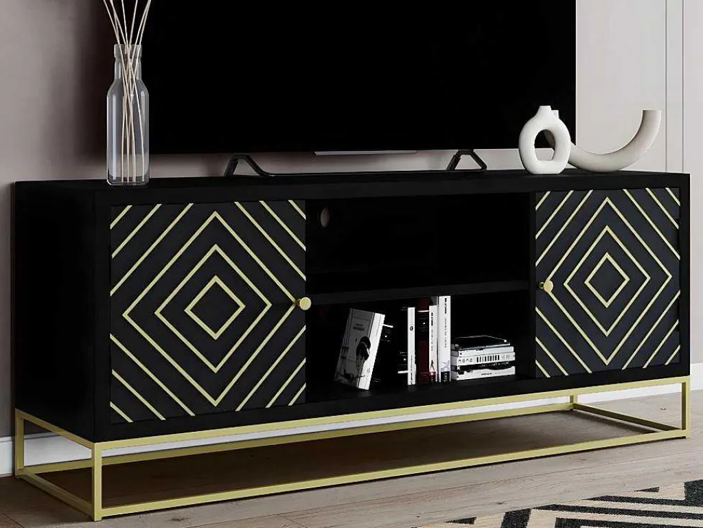Tv-Meubel Prismin - 2 Deuren En 2 Laden - Mango En Metaal - Zwart-Vente-unique Best