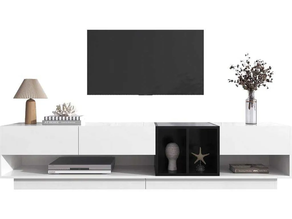 Tv-Meubel Van 190 Cm - 3 Laden En 4 Nissen - Spaanplaat - Kleuren Wit En Zwart-Vente-unique New
