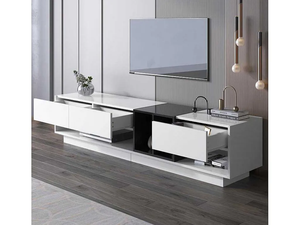 Tv-Meubel Van 190 Cm - 3 Laden En 4 Nissen - Spaanplaat - Kleuren Wit En Zwart-Vente-unique New