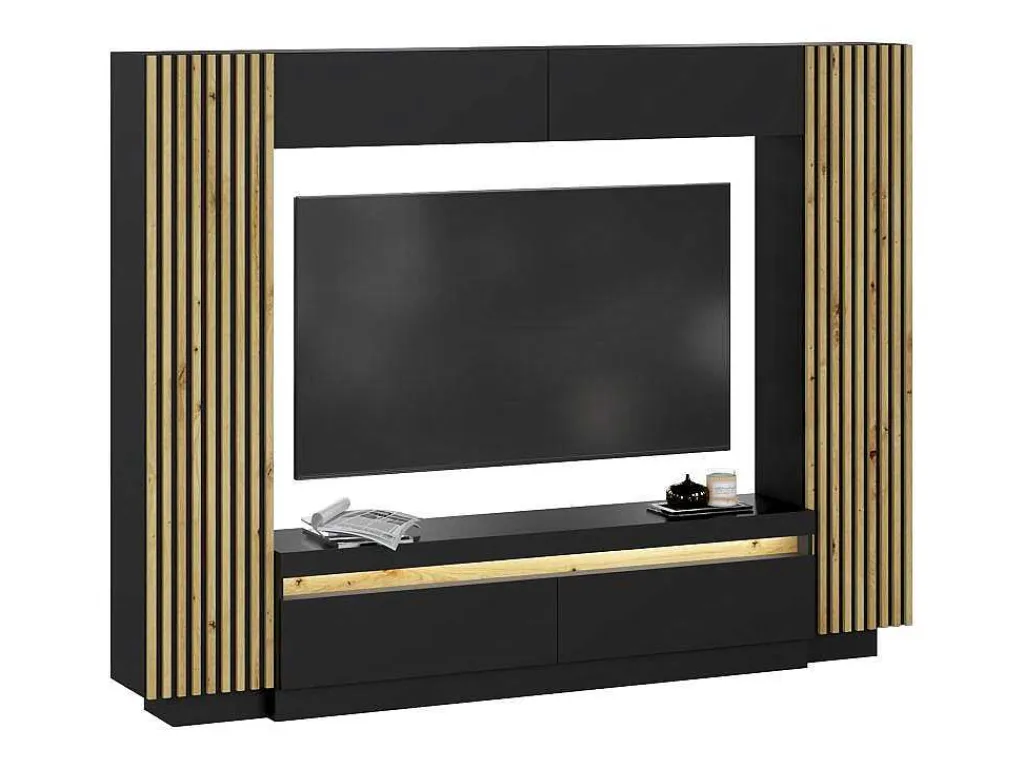 Tv-Wand Met Opbergruimte - Ledverlichting - Zwart En Naturel - Lionea-Vente-unique New
