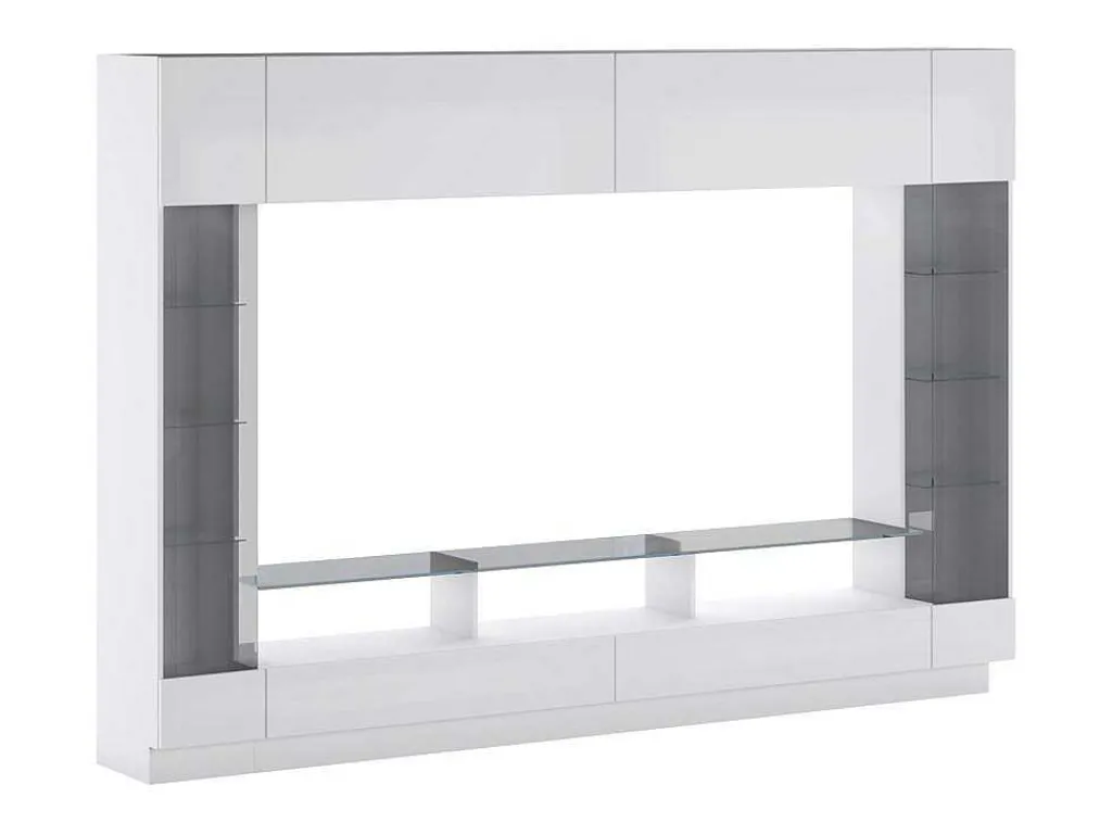 Tv-Wand Met Opbergruimte En Ledverlichting Van Gerookt Gehard Glas - Wit Gelakt - Briano-Vente-unique Discount