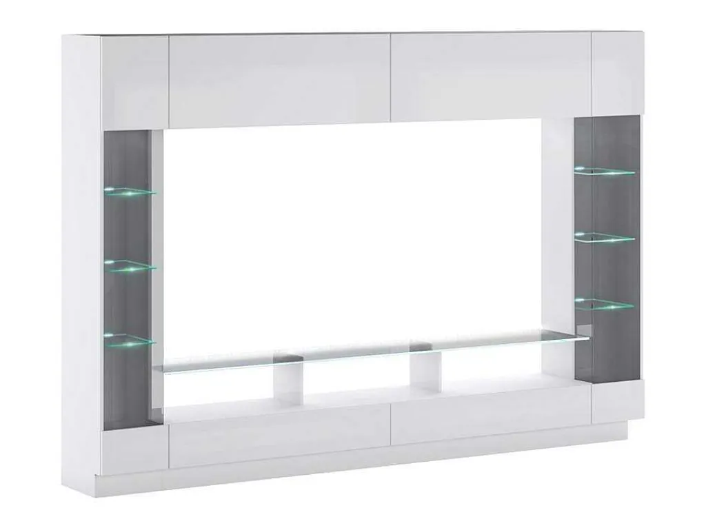 Tv-Wand Met Opbergruimte En Ledverlichting Van Gerookt Gehard Glas - Wit Gelakt - Briano-Vente-unique Discount