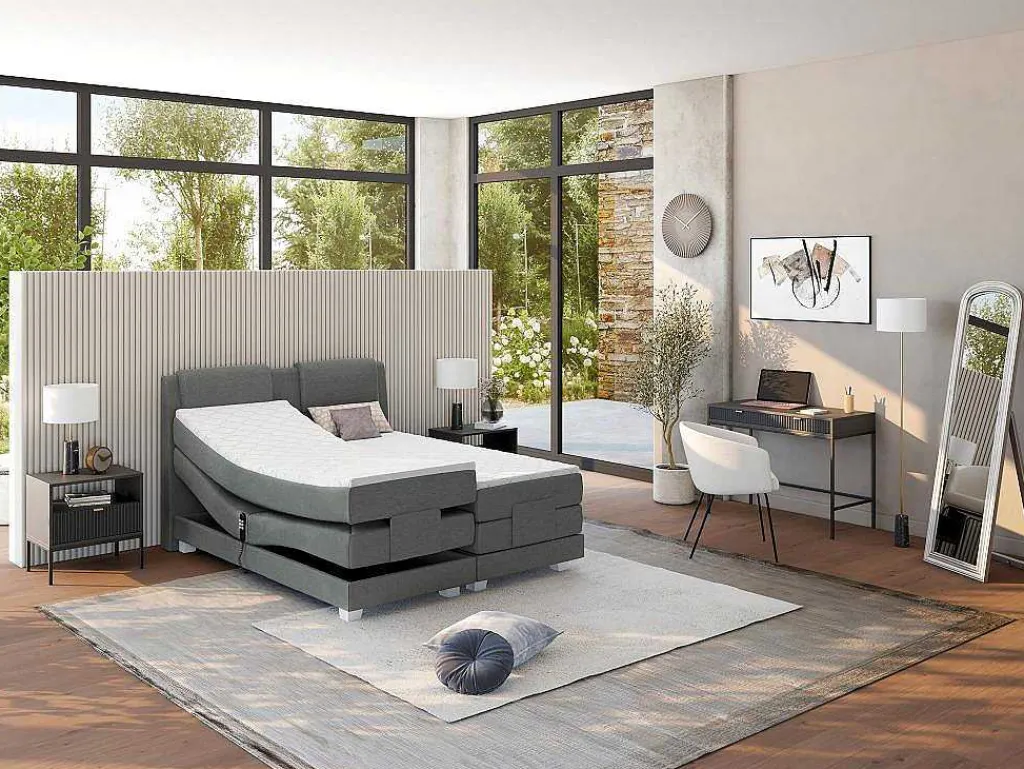 Tweepersoons Boxspring Met Elektrische Bedbodem + Matras En Dekmatras Castel - 2X90X200Cm - Lichtgrijze Stof-Palacio Best