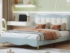 Tweepersoons Kinderbed 140X200Cm In Kunstleer - Met Lattenbodem - Amandelgroen (Matras Niet Inbegrepen)-ModernLuxe Sale