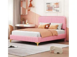 Tweepersoonsbed Gestoffeerd In Kunstleer 140X200Cm - In Hoogte Verstelbaar Hoofdbord - Met Lattenbodem - Roze (Zonder Matras)-ModernLuxe Best